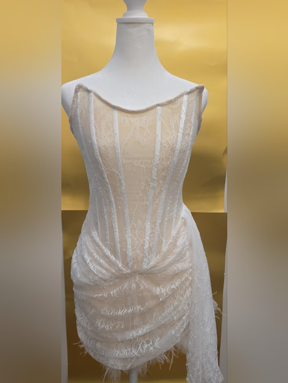 Strapless Nude Illusion Lace Mini Dress in White